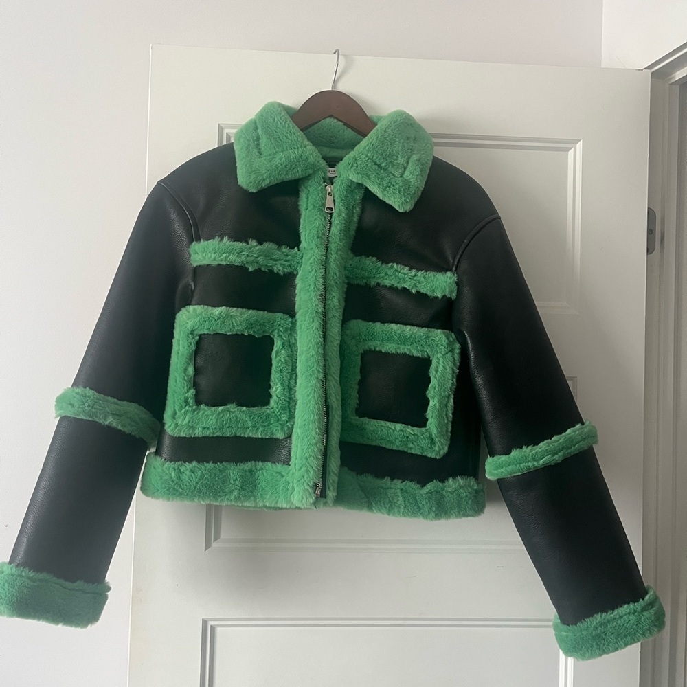 Black Leather Jacket with Green Faux Fur